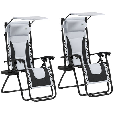 Outsunny Zero Gravity Lounger Chair Set of 2, Folding Reclining Patio Chair with Shade Cover, Padded Seat, Cup Holder, Soft Cushion and Headrest for Poolside, Camping, Light Grey 