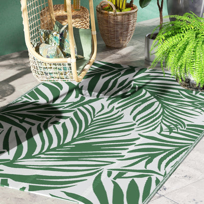 Outsunny Reversible Outdoor RV Rug, 1.5 x 2.4m Patio Floor Mat, Waterproof Plastic Straw Rug for Garden, Deck, Picnic, Beach, Camping, Green Leaves, Green and White 