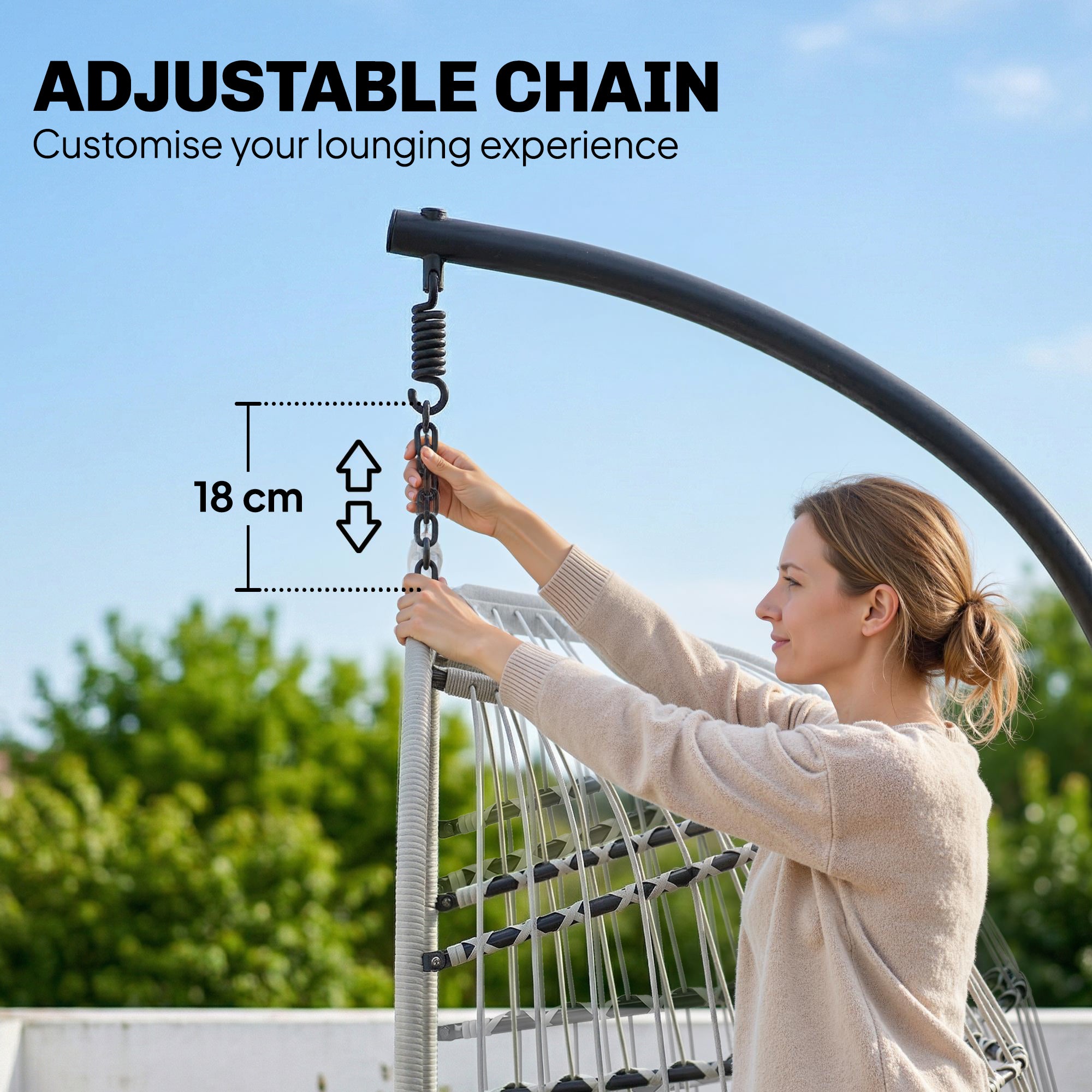 Outsunny Hanging Egg Chair, Indoor Outdoor Hammock Swing Chair with Stand, Safety Strap, Foldable Basket, Light Grey 