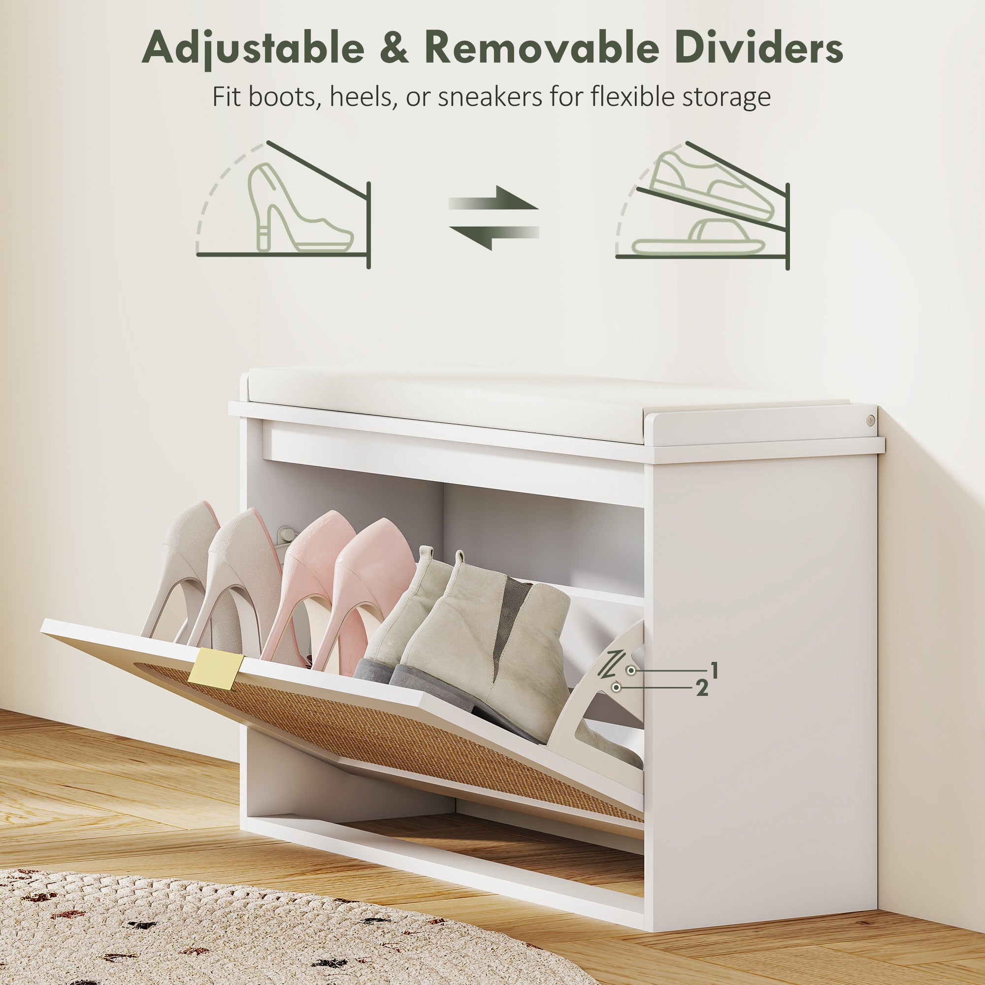 HOMCOM Boho Shoe Bench with Padded Seat and Flip-Drawer - White