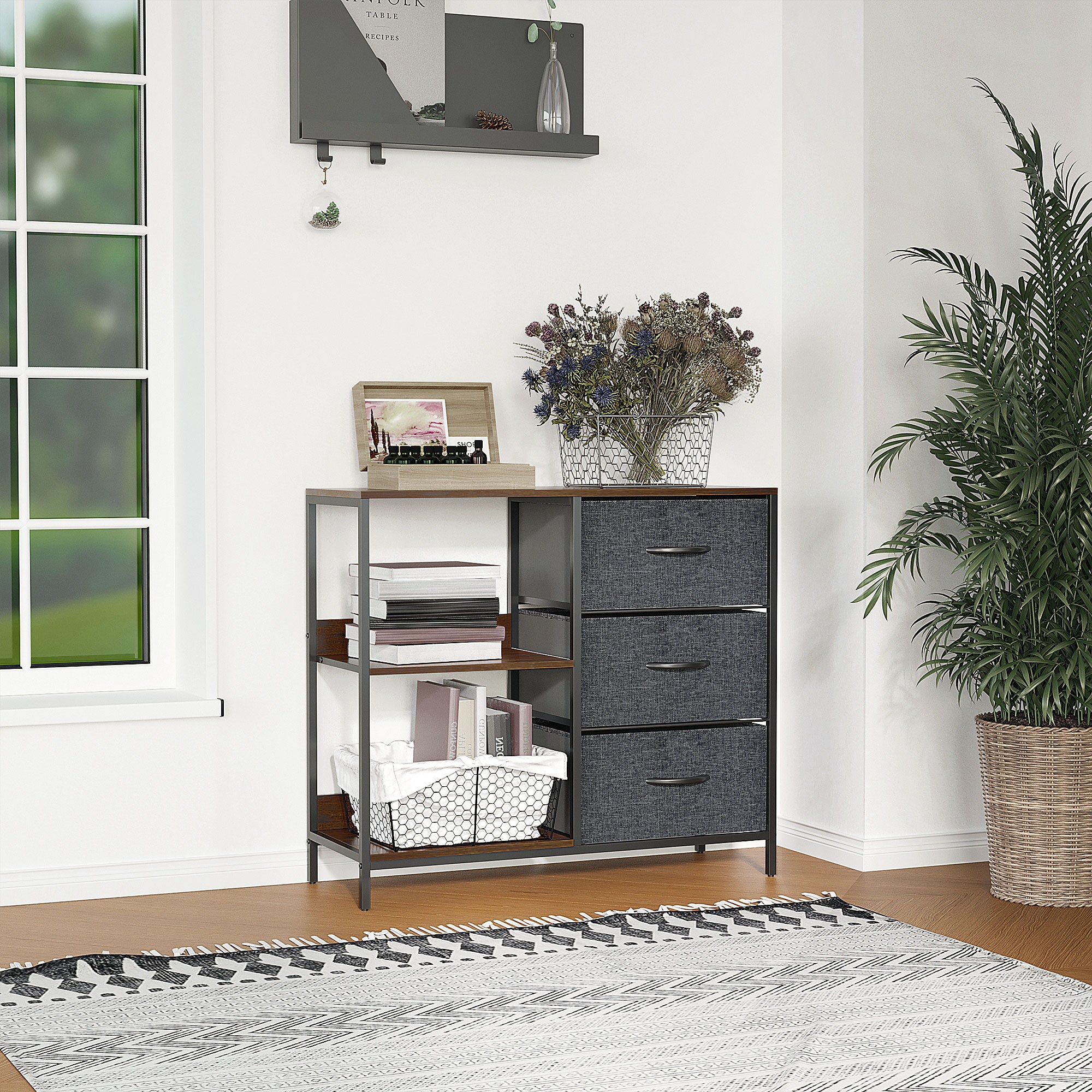 HOMCOM Chest of Drawers Storage  Dresser Cabinet Organizer with 3 Fabric Drawers and 2 Display Shelves for Living Room, Bedroom, Hallway, Black 