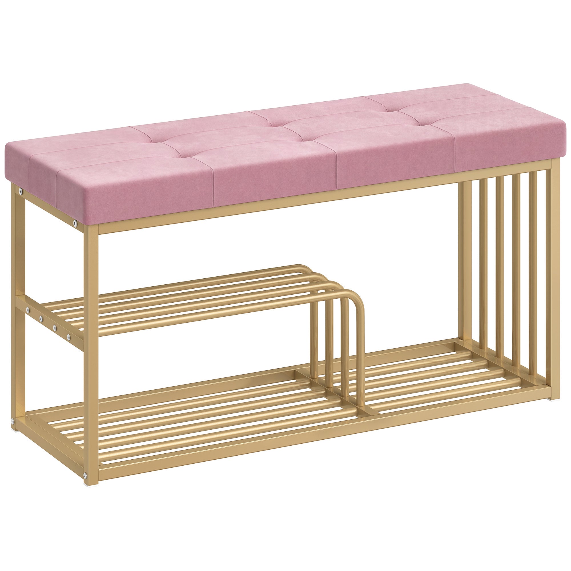 HOMCOM Bench and Shoe Storage, Tufted Shoe Storage Bench with Velvet Seat Cushion Gold Steel Frame for Entryway, Pink 