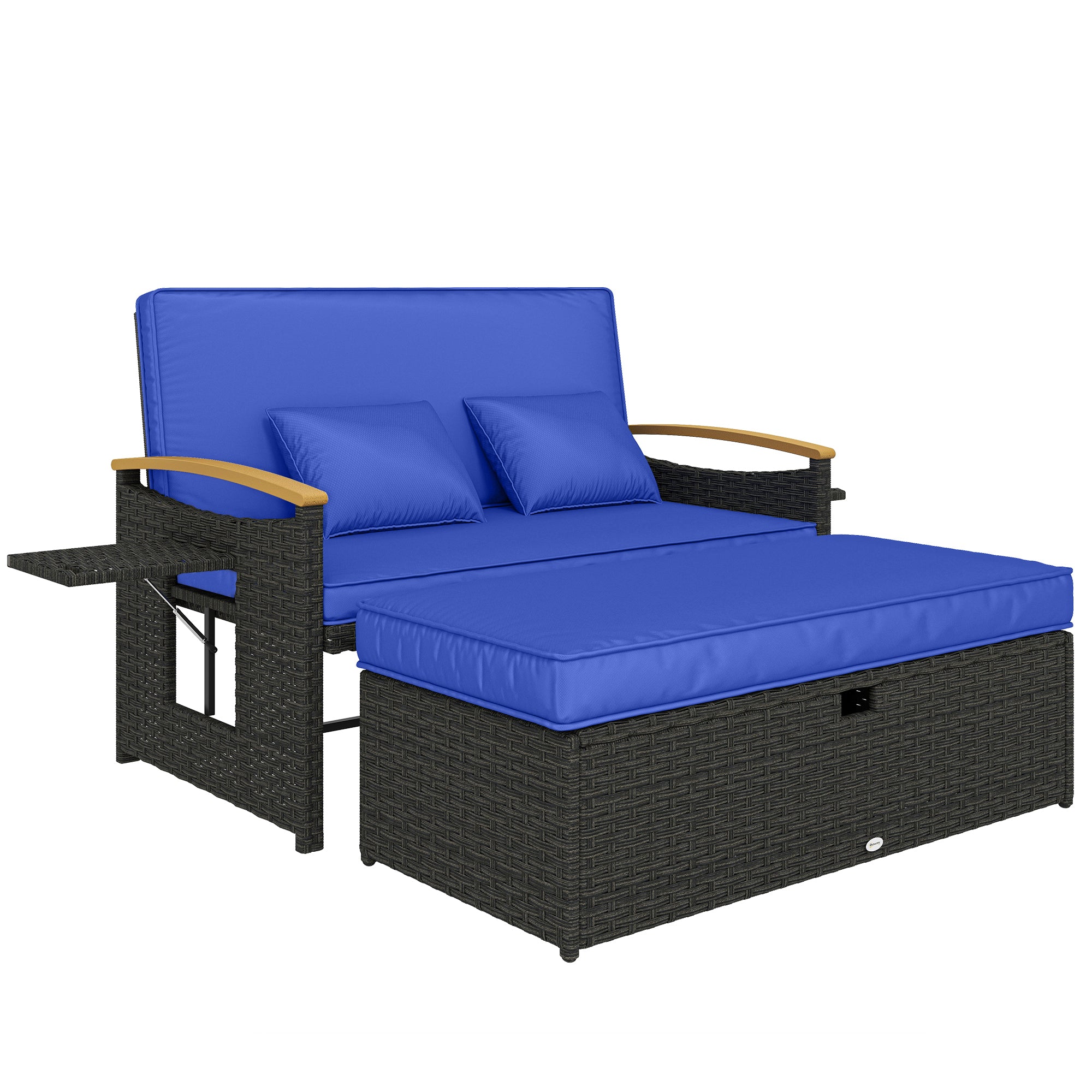 Outsunny Double Garden Rattan Daybed, Wicker Sun Bed Chaise Lounger with Storage Ottoman, 4-Level Adjustable Backrest, Brown 