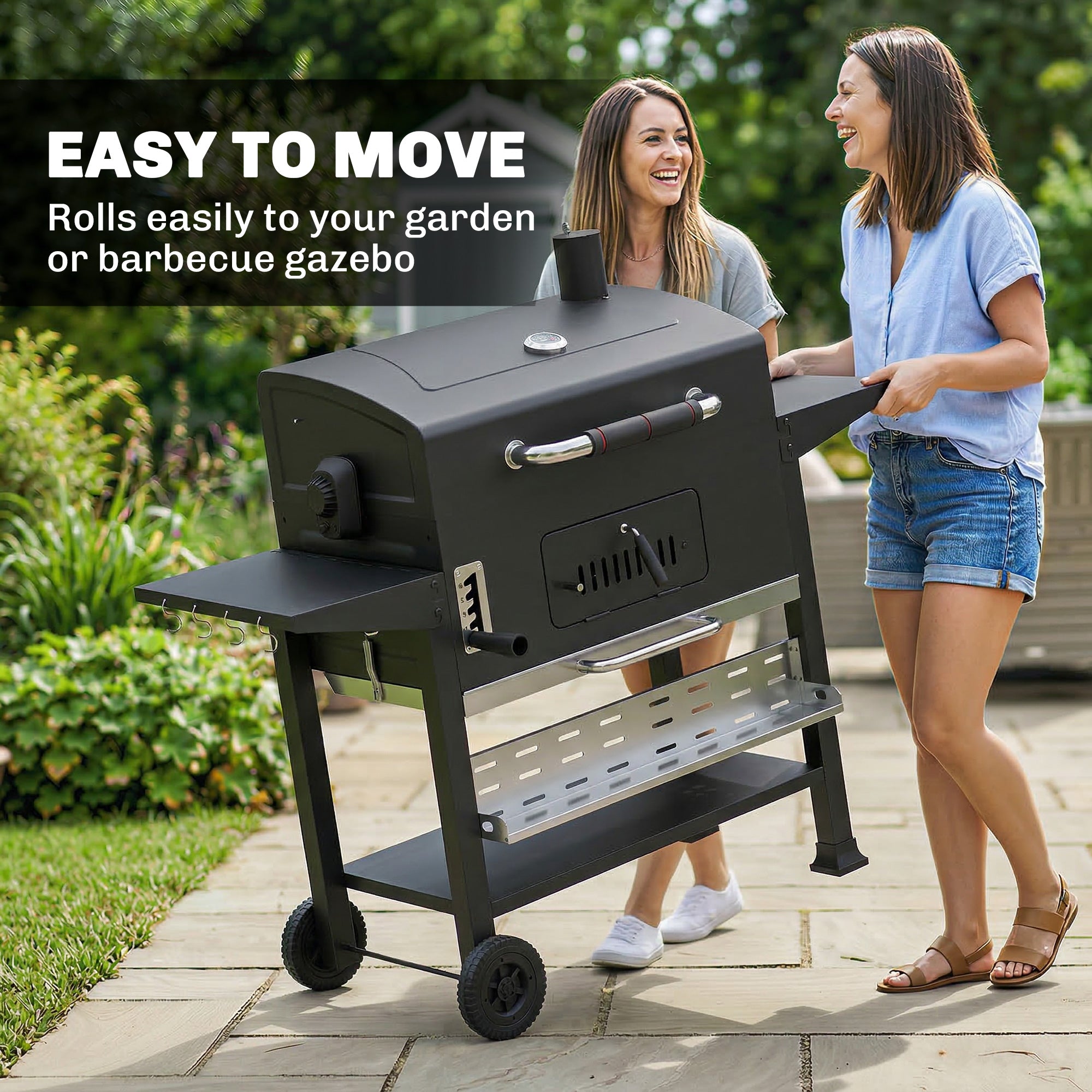 Outsunny Charcoal BBQ Grill Smoker with Electric Rotisserie Kit, Portable Barbecue Grill with Warming Rack, Black 