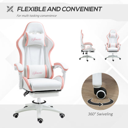 Vinsetto Computer Gaming Chair, PU Leather Desk Chair with Footrest, Swivel Task Chair with 135\'c2\'b0 Reclining Back and Lumbar Support, PC Chair for Adults, White and Pink