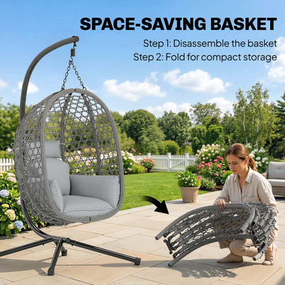 Outsunny Hanging Egg Chair, Indoor Outdoor Rattan Hammock Swing Chair with Stand, Safety Strap, Foldable Basket, Dark Grey 