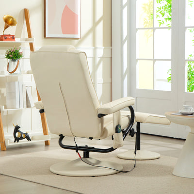 HOMCOM Swivel Recliner Chair and Footstool, Faux Leather Massage Recliner Armchair with Remote Control and Round Wrapped Base, Cream White 
