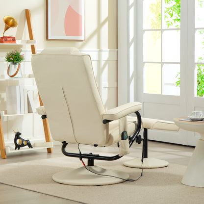 HOMCOM Swivel Recliner Chair and Footstool, Faux Leather Massage Recliner Armchair with Remote Control and Round Wrapped Base, Cream White