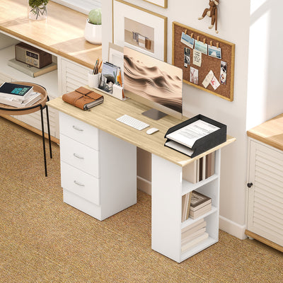 HOMCOM Computer Desk, Writing Table, PC Workstation with 3 Storage Shelves and Drawers, Silver Handle, for Home Office, Natural Wood Finish and White 