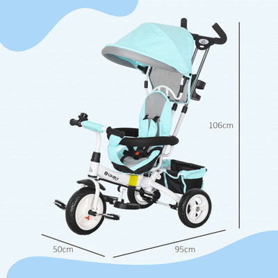 HOMCOM 6 in 1 Kids Trike Push Bike w/ Push Handle, Canopy, 5-point Safety Belt, Storage, Footrest, Brake, for 1-5 Years, Green 