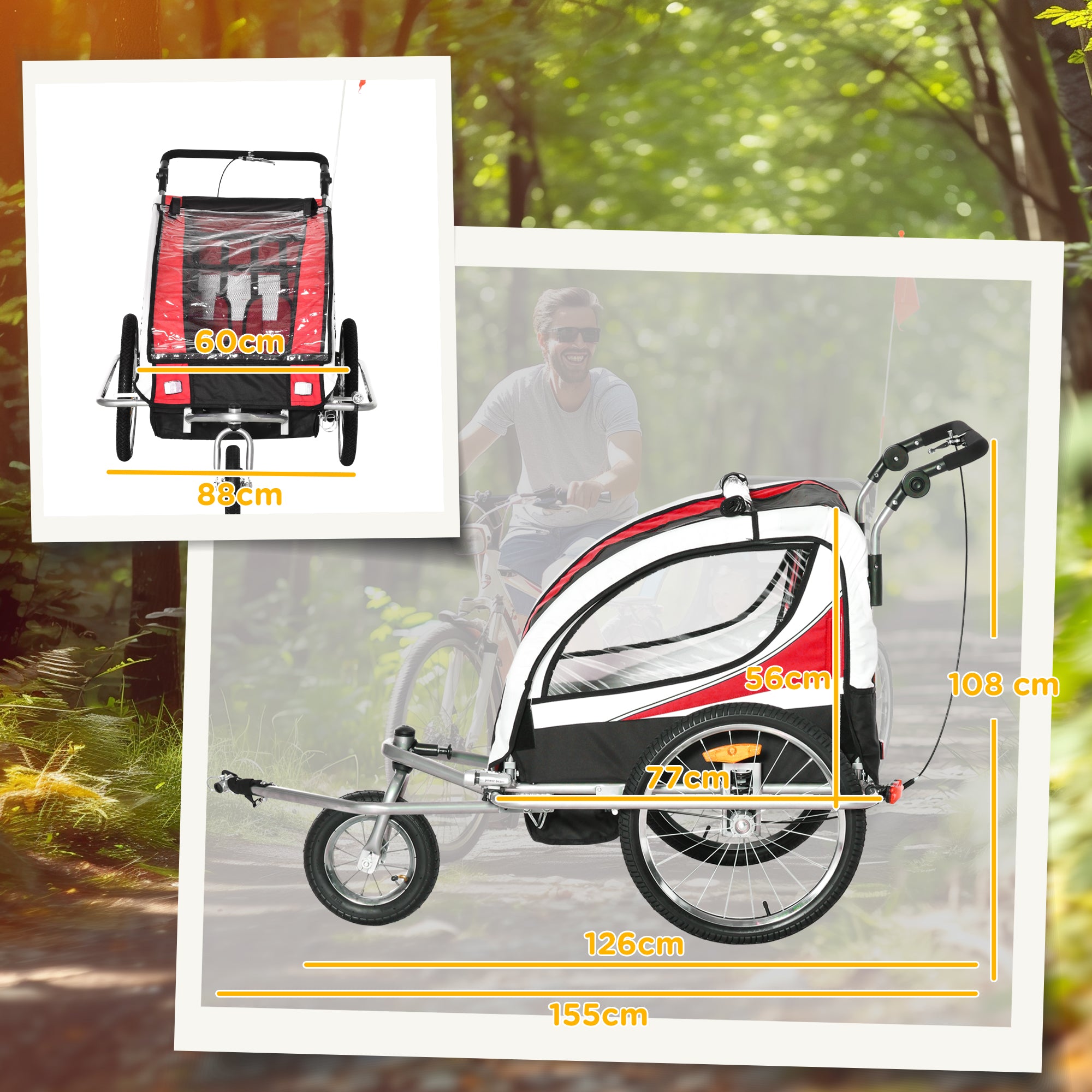 HOMCOM Baby Bike Trailer, Child Bicycle Trailer with 5 Point Harness, Steel Frame, Reflectors, Safety Flag, Hitch Coupler, Red 