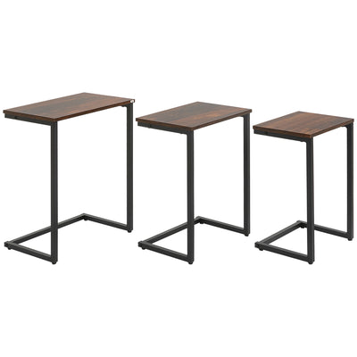 HOMCOM Nesting Side Tables Set of 3, C-Shaped Snack Side Tables with Steel Frame for Sofa Couch and Bed, Rustic Brown 