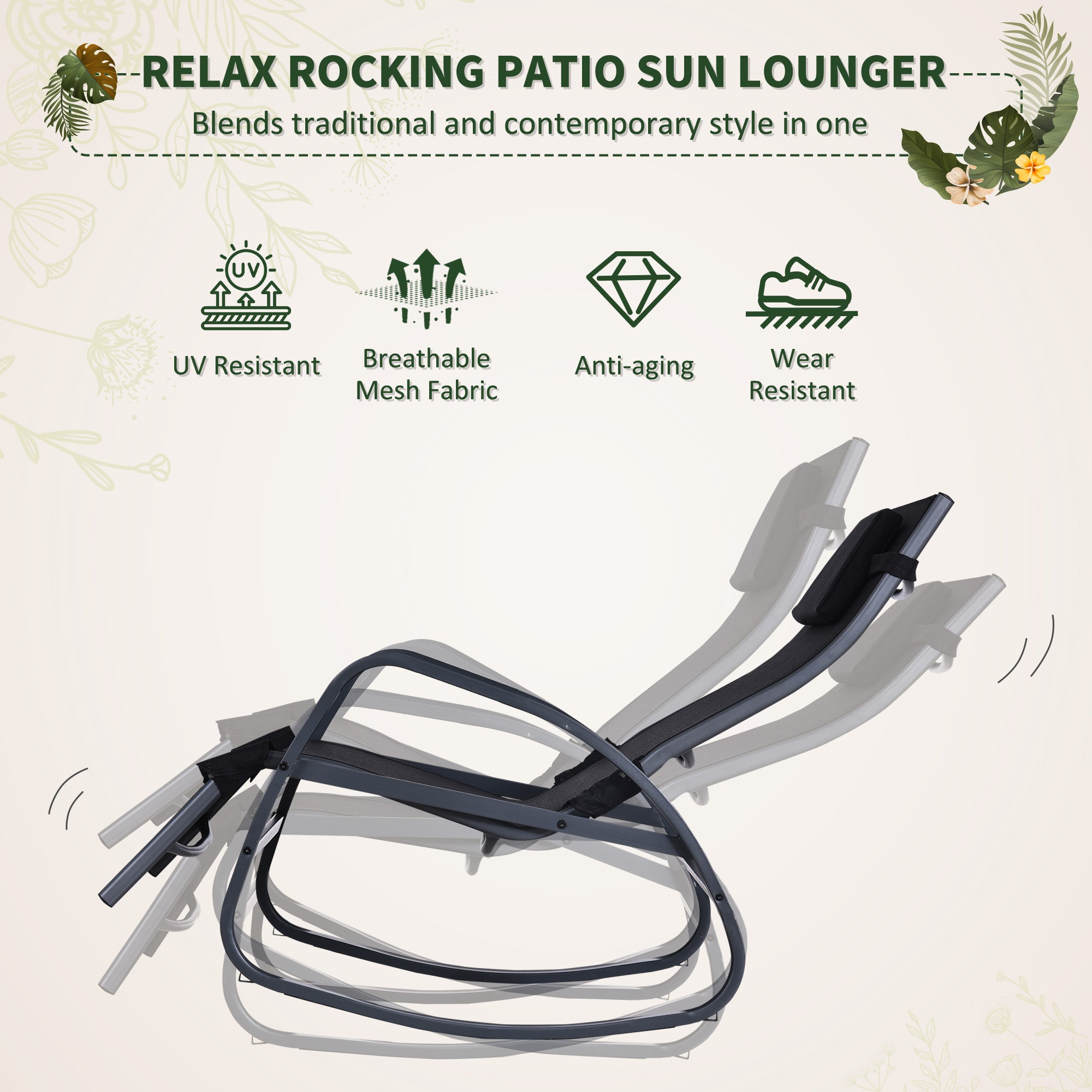Outsunny Garden Rocking Chair with 5-Level Adjustable Backrest, Rocking Sun Lounger with Removeable Headrest Pillow, Footrest, Armrest and Safety Stopper, Black 