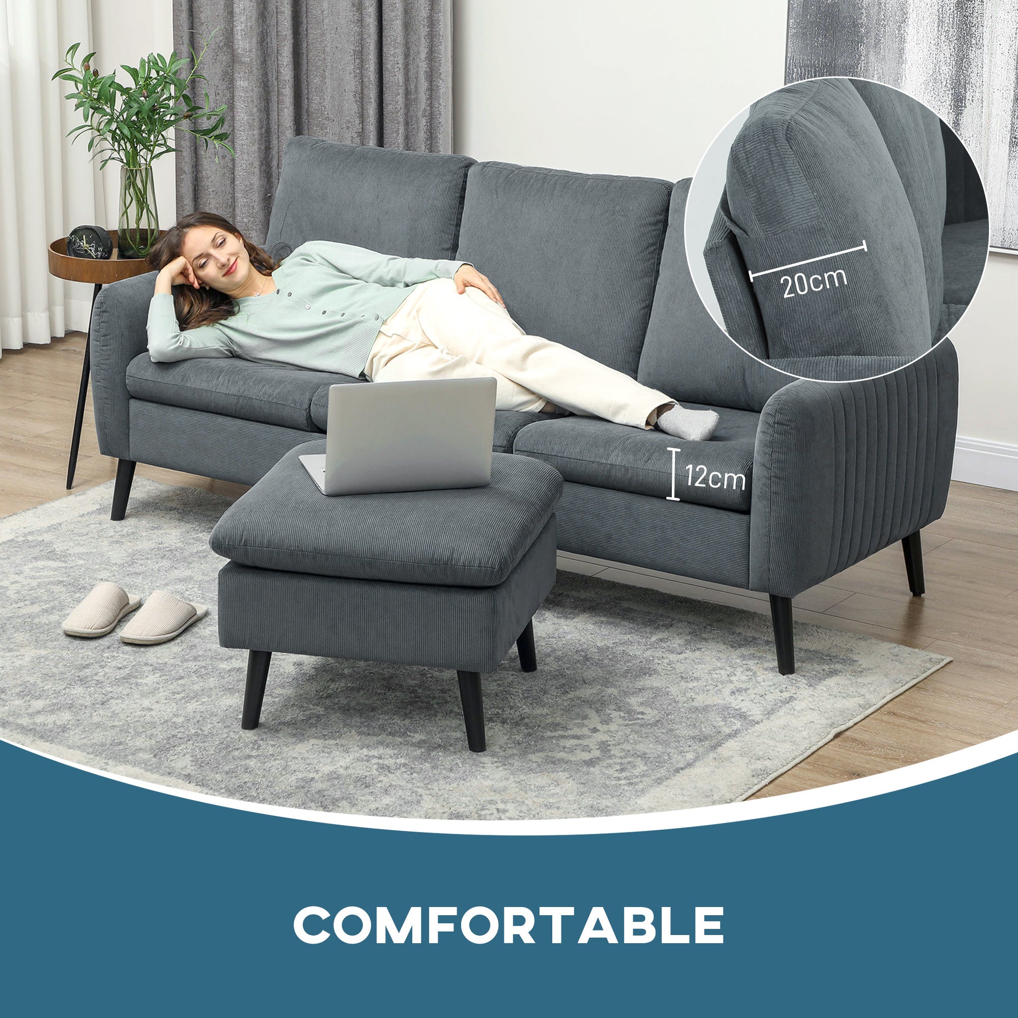 HOMCOM Corner Sofa with Reversible Chaise Lounge, Corduroy Fabric 3 Seater Sofa Settee for Living Room, L Shaped Couch with Scatter Back, Left/Right Hand, Charcoal Grey
