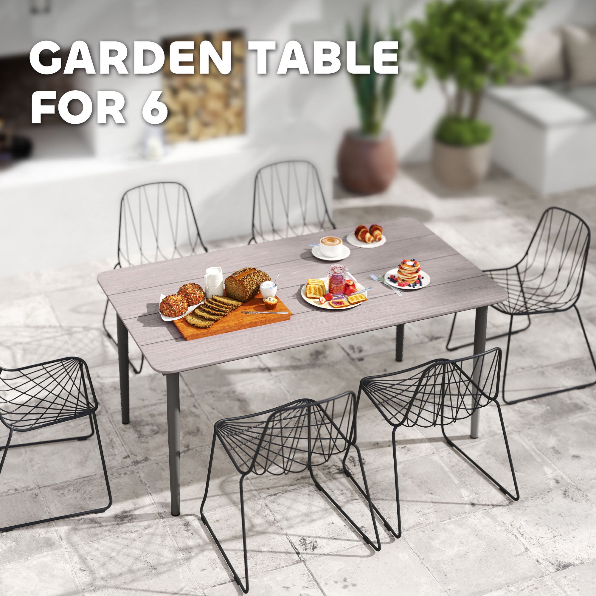 Outsunny Garden Table, Outdoor Dining Table for 6 People, 160 x 90 x 74 cm, with Rust Resistant Metal Frame, WPC Top, for Balcony, Terrace, Light Grey 