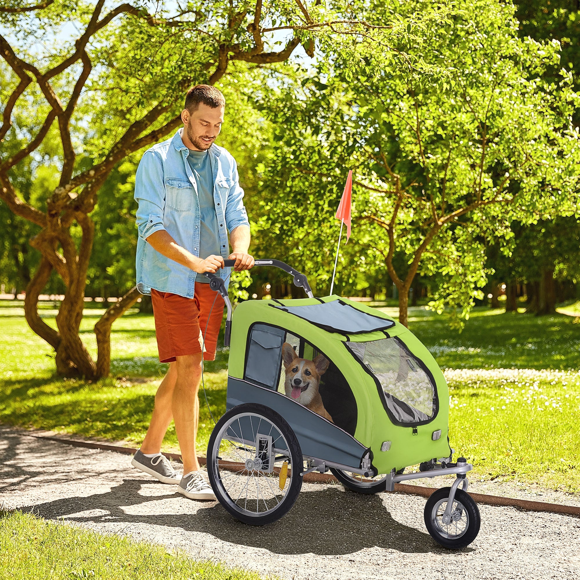 PawHut Dog Bike Trailer Pet Stroller Cart Carrier for Bicycle 360° Rotatable with Reflectors 3 Wheels Hitch Coupler Push/ Pull/ Brake Water Resistant Green 