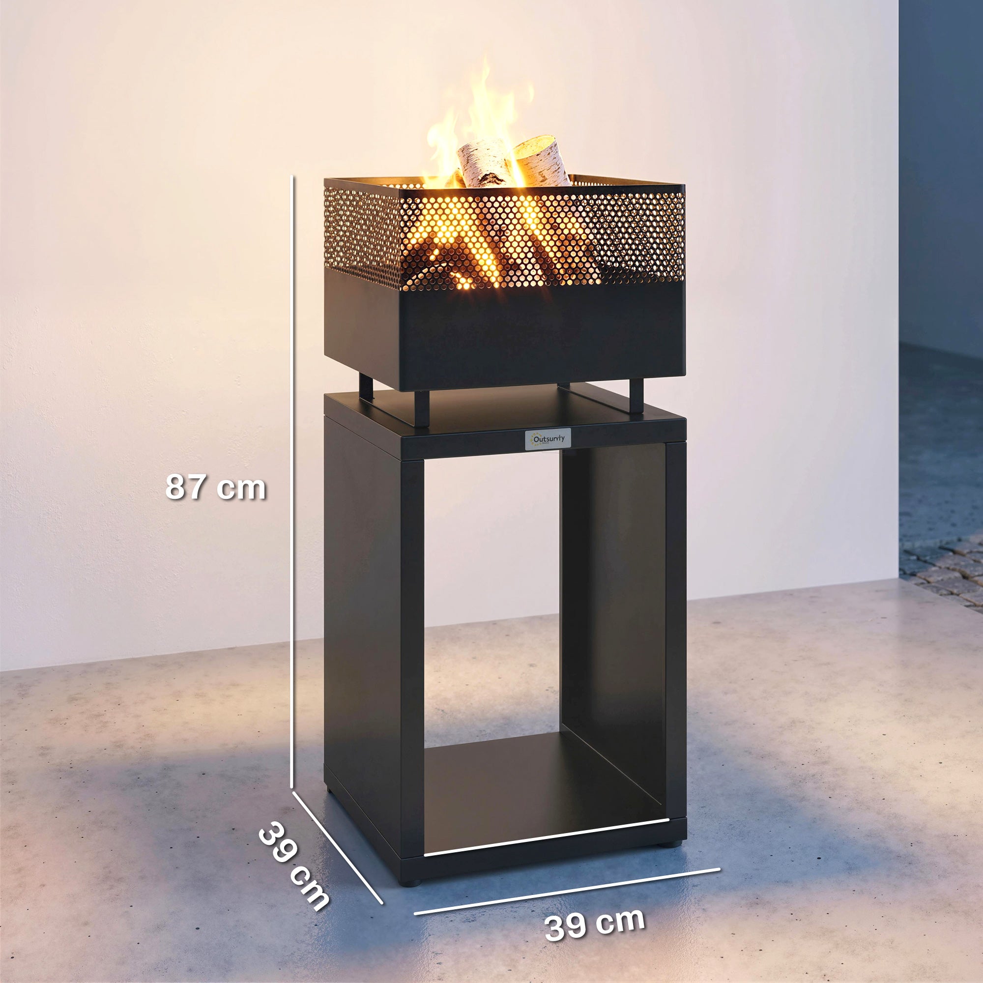 Outsunny Outdoor Fire Pit with Wood Storage Wood Burning Firepit with Mesh Sides 87 cm Black 