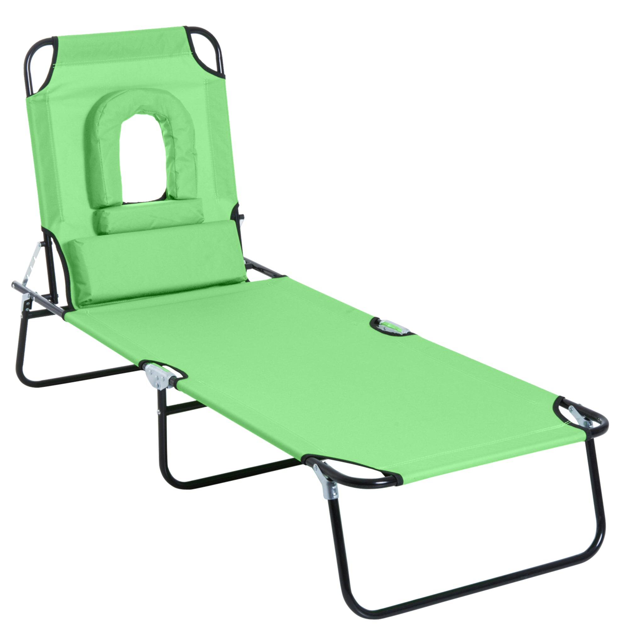 Outsunny Outdoor Foldable Sun Lounger, 4 Level Adjustable Backrest Reclining Sun Lounger Chair with Pillow and Reading Hole, Green 