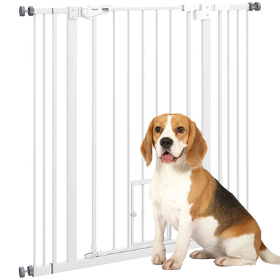 PawHut Extra Tall Pet Gate, Indoor Dog Safety Gate, with Cat Flap, Auto Close, 74-101cm Wide - White 