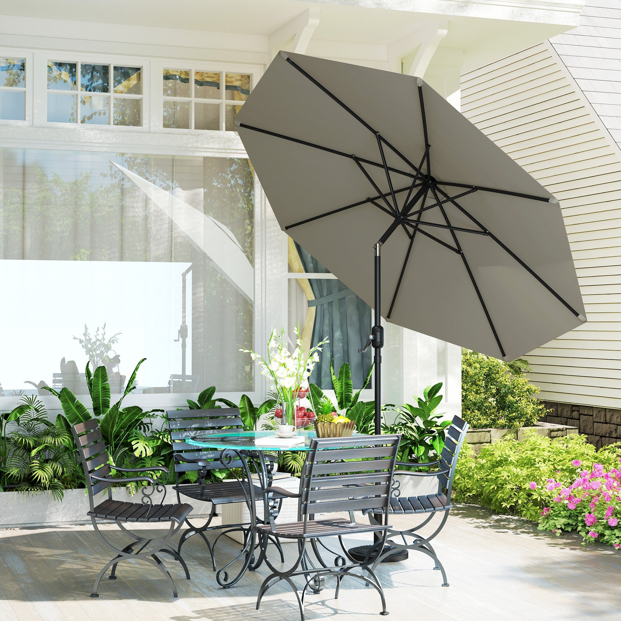 Outsunny 2.7M Garden Parasol Umbrella with Tilt and Crank, Outdoor Sun Parasol Sunshade Shelter with Aluminium Frame, Light Grey 