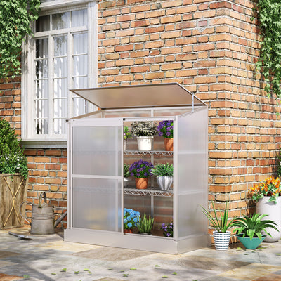 Outsunny 3 Tier Greenhouse Garden Outdoor Cold Frame Plant Flower Growth Transparent Polycarbonate Board Openable Roof Sliding Door w/ Foundation 131L x 58W x 140H cm 