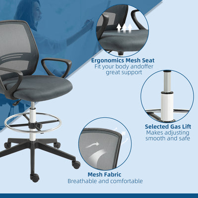 Vinsetto Ergonomic Mesh Back Drafting Chair Draughtsman Chair with Adjustable Height, Grey 
