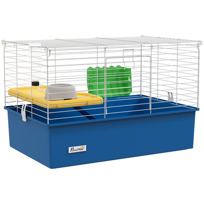 PawHut Chinchillas Small Rabbit Guinea Pig Small Animal Cage, Pet Playhouse, with Platform, Ramp, 71 x 46 x 47cm, Blue 