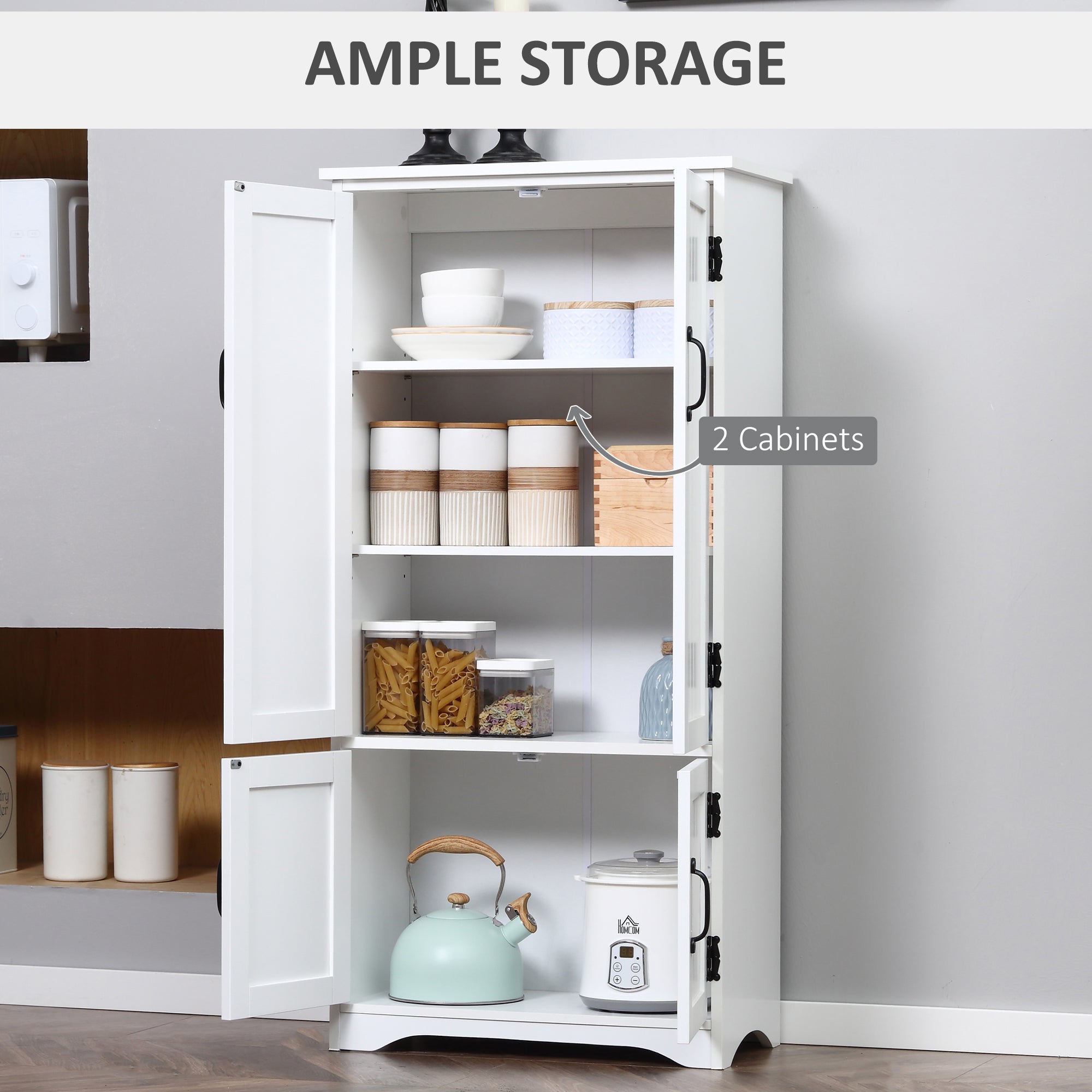 HOMCOM Accent Floor Storage Cabinet Kitchen Cupboard with Adjustable Shelves and 2 Lower Doors, White 