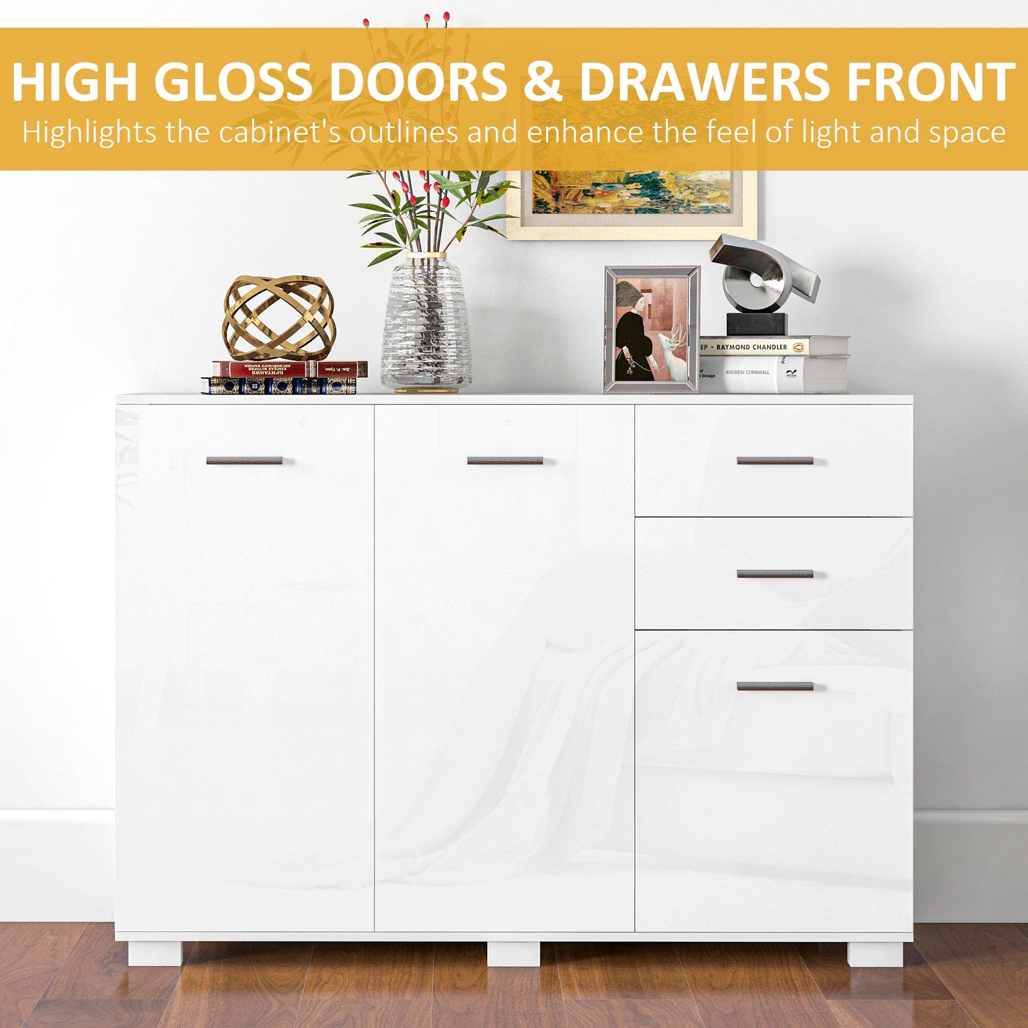 HOMCOM Sideboard, Modern Storage Cabinet with 2 Drawers, 3 Doors and Adjustable Shelves, Kitchen Cabinet for Living Room, Dining Room, High Gloss White 