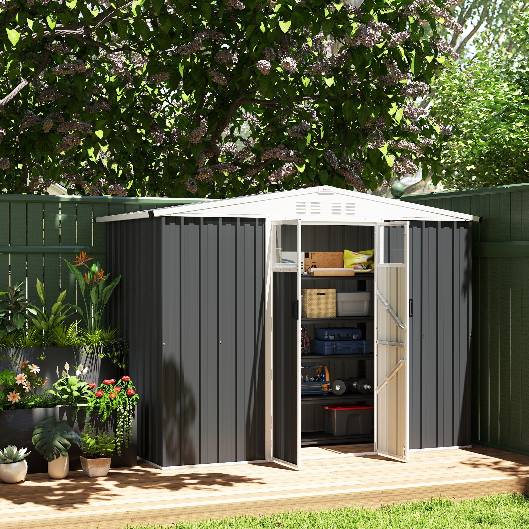 Outsunny 8 x 4 ft Metal Garden Shed, Garden Storage Shed with Window, 4 Vents and Lockable Door, Waterproof Galvanised Steel Tool Storage Shed, Dark Grey 