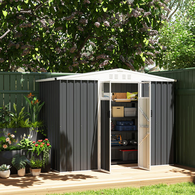 Outsunny 8 x 4 ft Metal Garden Shed, Garden Storage Shed with Window, 4 Vents and Lockable Door, Waterproof Galvanised Steel Tool Storage Shed, Dark Grey 