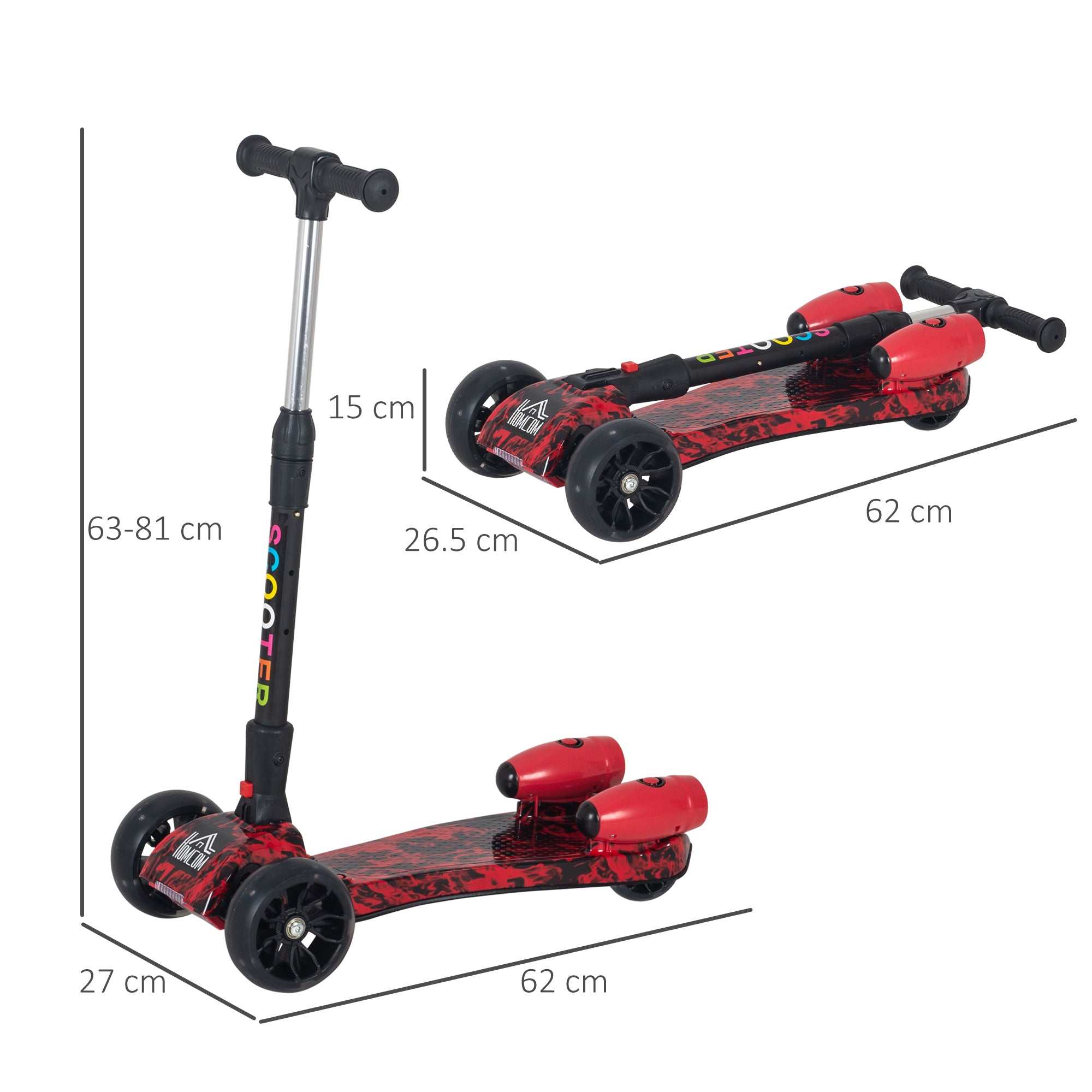 HOMCOM Kids Scooter, 3 Wheel Foldable Kick Scooter Adjustable Height w/ Flashing Wheels, Music, Water Spray for 3-6 Years, Red 