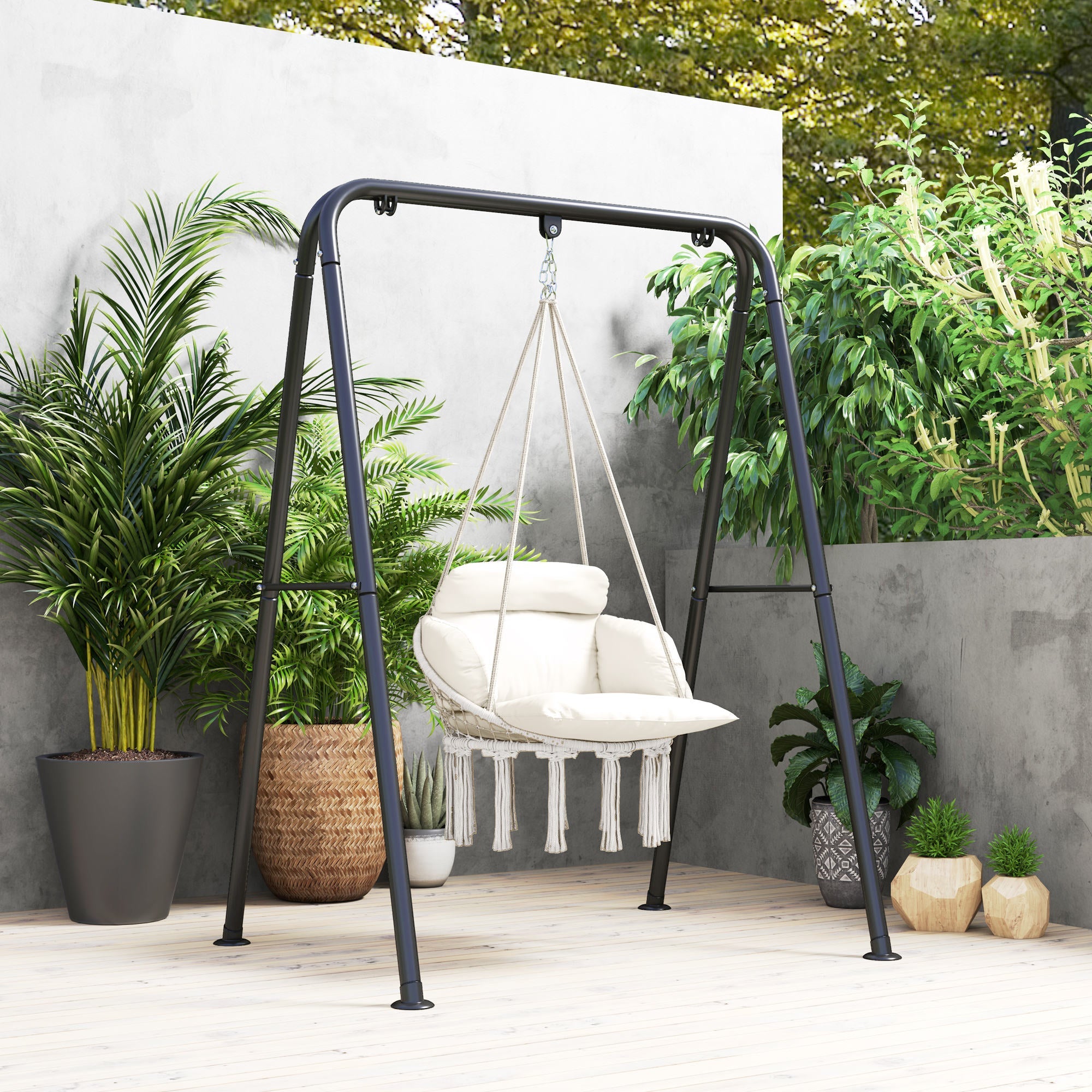 Outsunny Hanging Chair Outdoor Hammock Chair with Soft Cushion, Cotton Rope Boho Style Swing Chair, Hanging Garden Swing Seat for Indoor Outdoor, Cream White 