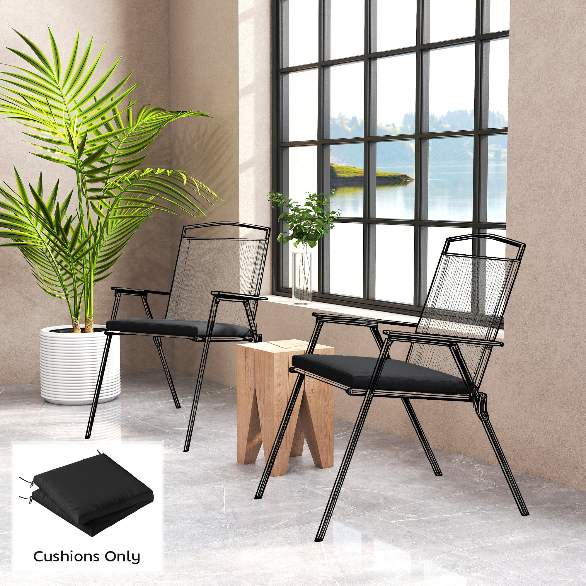 Outsunny Outdoor Seat Cushions Set of 2 with Ties, Waterproof Garden Seat Pads, Black 