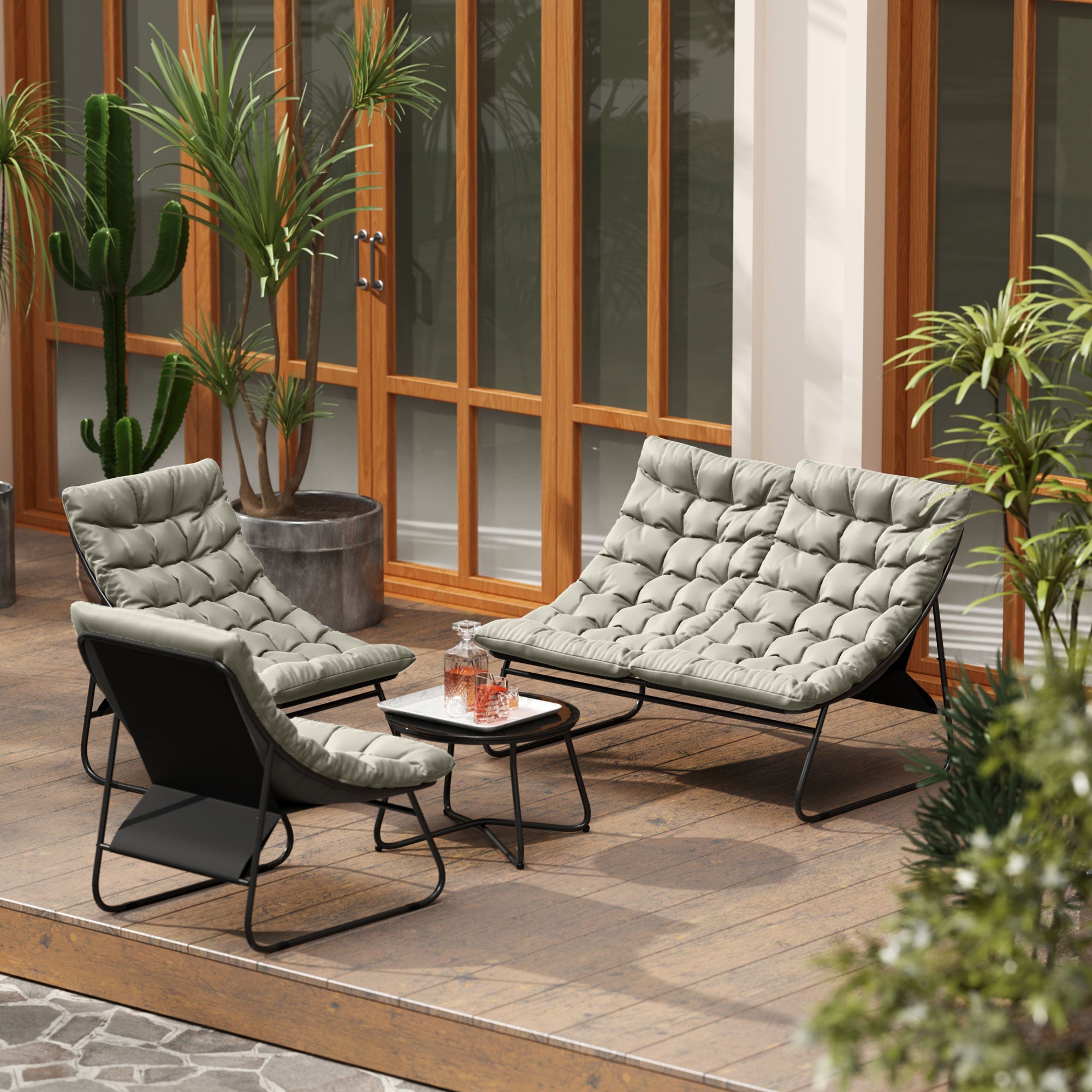 Outsunny 4 Seater Garden Furniture Set, Conversation Set with Loveseat Sofa, Chairs, Glass Coffee Table, Thick Cushions, Steel Outdoor Sofa for Balcony, Poolside, Conservatory, Light Grey 