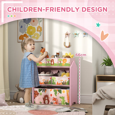 AIYAPLAY 3-Tier Kids Toy Storage Unit with 6 Removable Storage Boxes, for Playroom, Bedroom, Children's Room, Nursery, Pink 