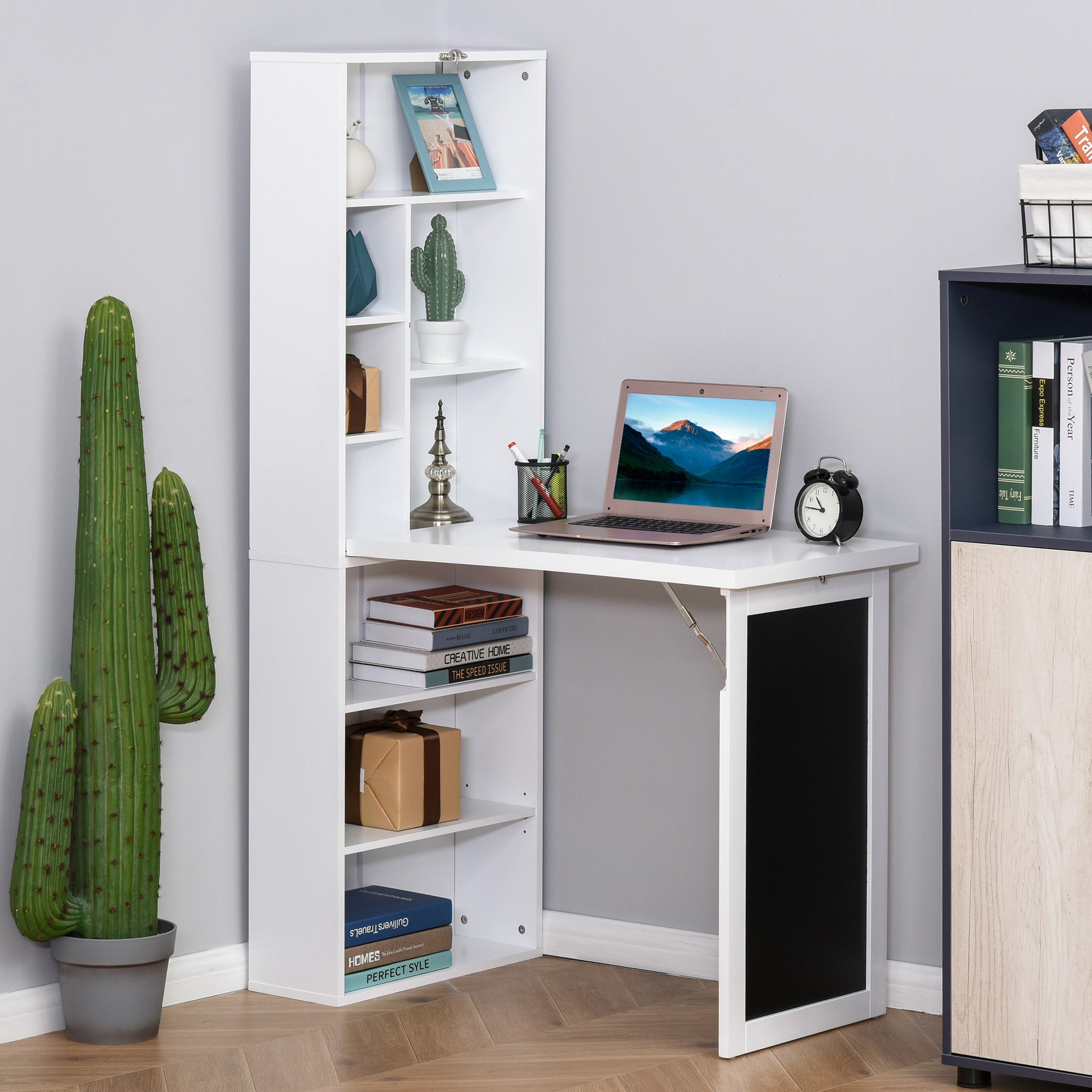 HOMCOM Wall Mounted Computer Desk, Folding Study Table with Black Board and Bookshelf, Multifunctional Floating Writing Desk for Home Office, White 