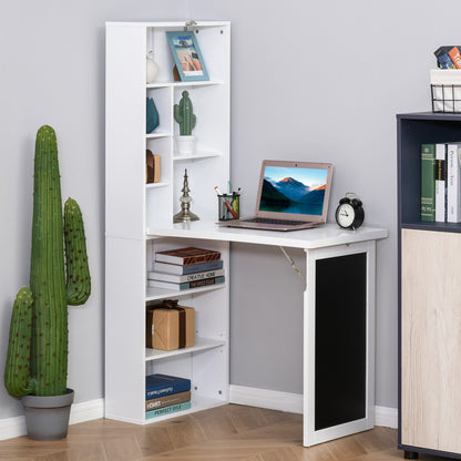 HOMCOM Wall Mounted Computer Desk, Folding Study Table with Black Board and Bookshelf, Multifunctional Floating Writing Desk for Home Office, White 