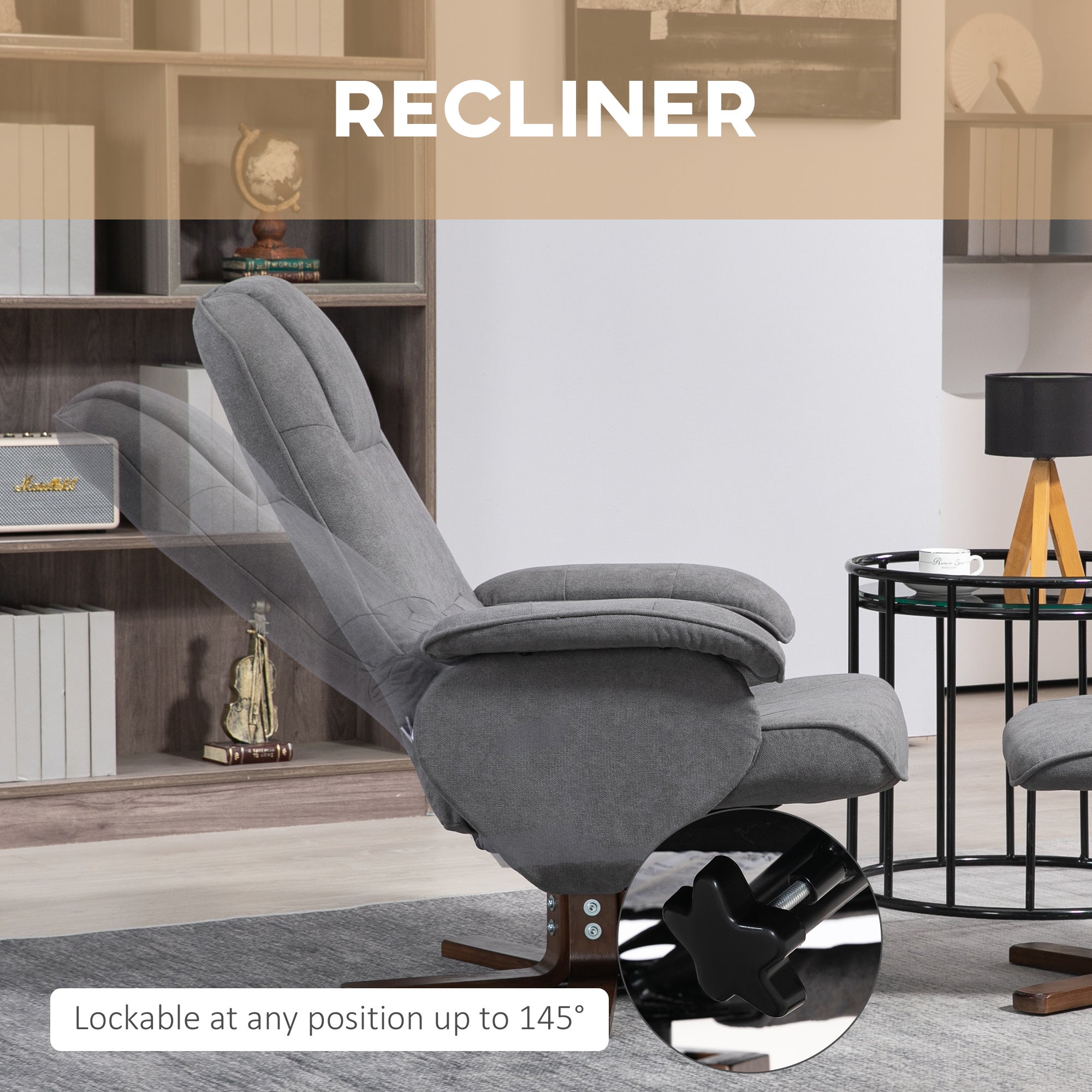 HOMCOM Linen Swivel Recliner Chair with Footstool, Upholstered Reclining Armchair with Wooden Base for Living Room, Grey 
