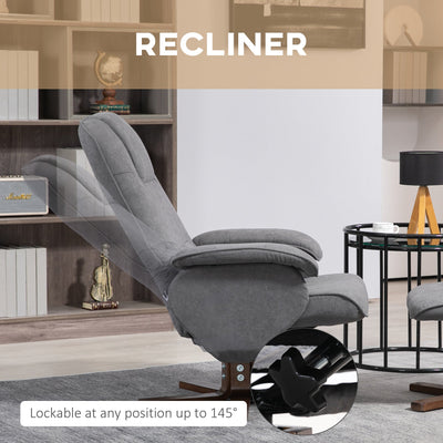 HOMCOM Linen Swivel Recliner Chair with Footstool, Upholstered Reclining Armchair with Wooden Base for Living Room, Grey 