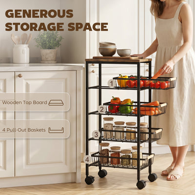 HOMCOM Metal Kitchen Trolley, 4-Tier Storage Trolley with Pull-Out Baskets and 4 Swivel Casters for Kitchen, Rustic Brown