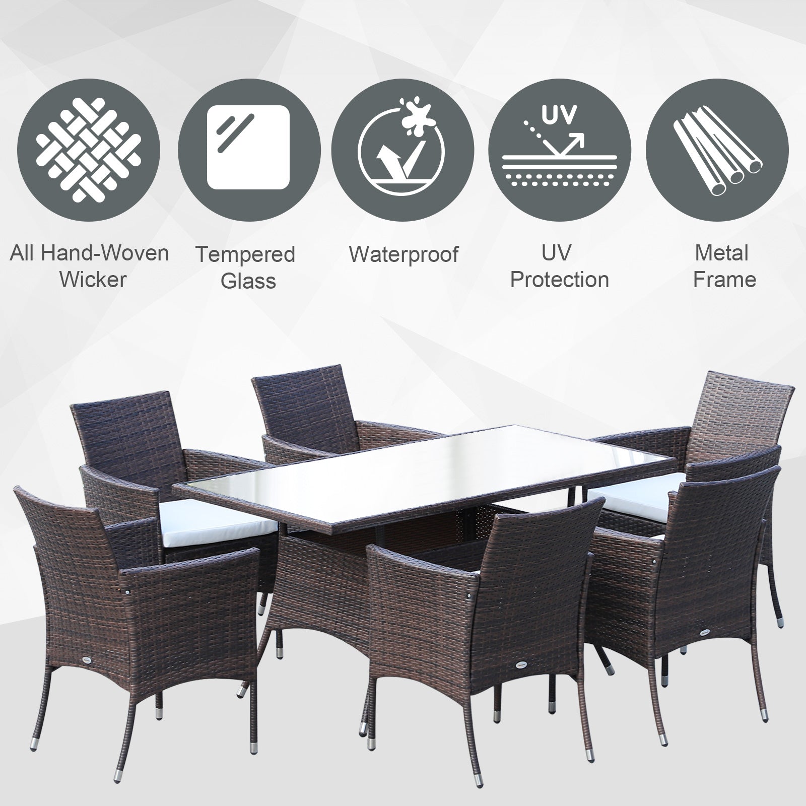 Outsunny 6 Seater Rattan Dining Set with Cushions, Rattan Garden Furniture Set with 6 Armchairs, Rectangular Glass Top Table, Outdoor Dining Table and Chairs, Brown 