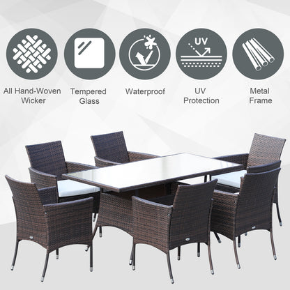 Outsunny 6 Seater Rattan Dining Set with Cushions, Rattan Garden Furniture Set with 6 Armchairs, Rectangular Glass Top Table, Outdoor Dining Table and Chairs, Brown 