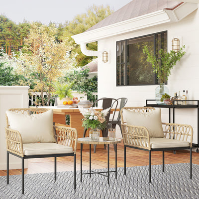 Outsunny 3 Piece Rattan Bistro Set, Wicker Garden Furniture Set with Cushions, Glass Top Coffee Table and Chairs for Outdoor, Patio, Balcony, Beige 