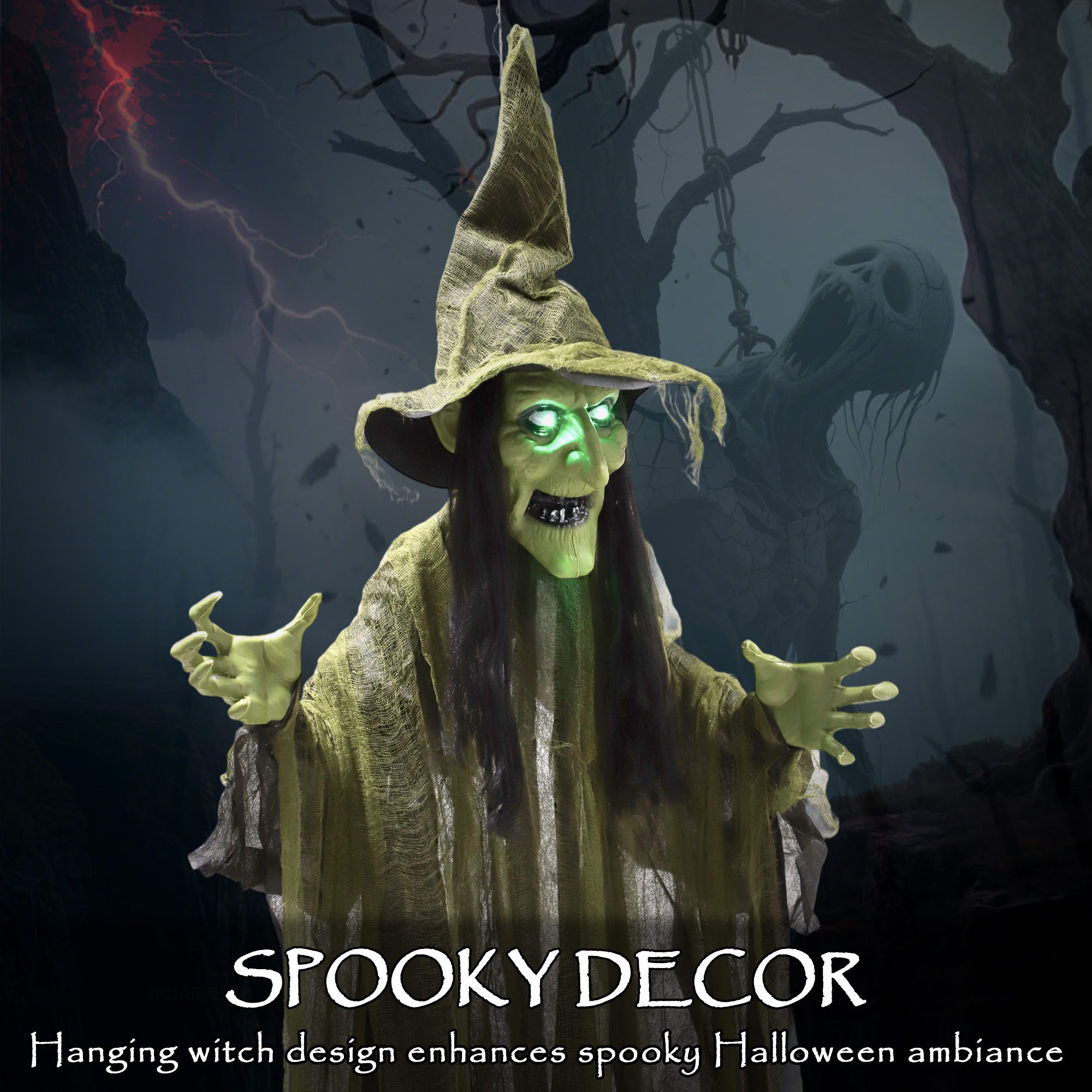 Outsunny 170 cm Life Size Hanging Halloween Animated Witch with Glowing LED Eyes, Spooky Witch Scary Halloween Decorations, Battery Operated, Indoor Party Props
