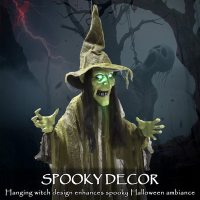 Outsunny 170 cm Life Size Hanging Halloween Animated Witch with Glowing LED Eyes, Spooky Witch Scary Halloween Decorations, Battery Operated, Indoor Party Props 