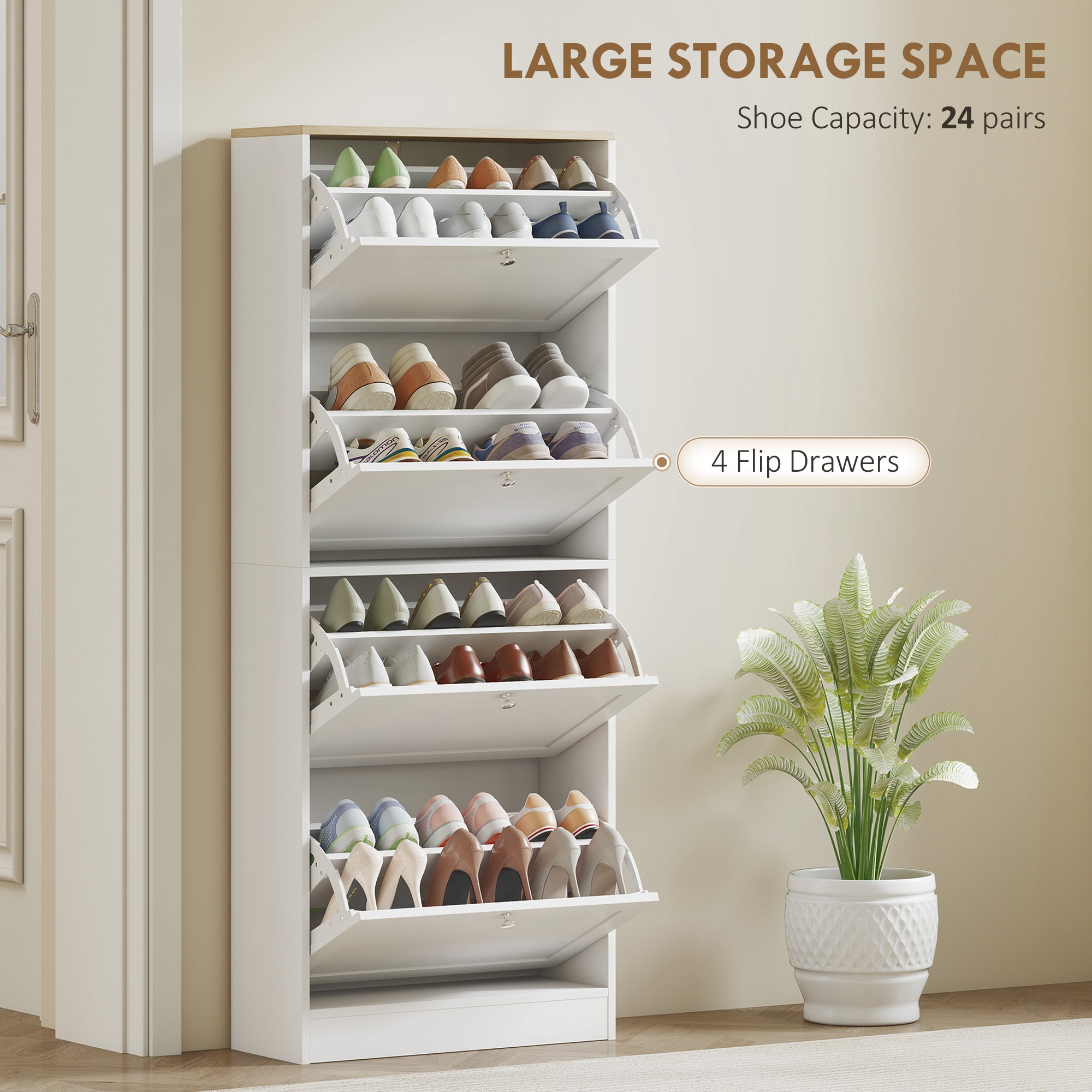 HOMCOM Modern Compact Four-Drawer Shoe Storage Cabinet - White 