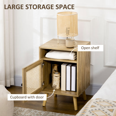HOMCOM Bedside Table with Rattan Element, Side End Table with Shelf and Cupboard, 39cmx35cmx60cm, Set of 2, Natural 