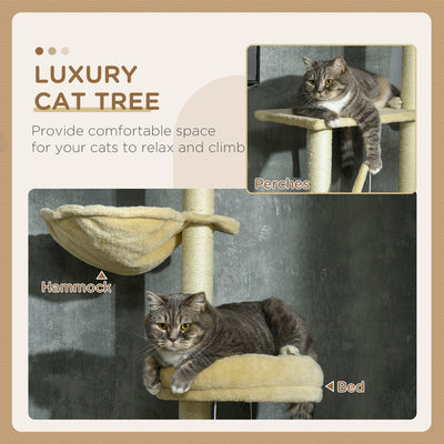 PawHut Floor to Ceiling Cat Tree for Indoor Cats, 6-Tier Play Tower Climbing Activity Center with Scratching Post, Platforms, Bed, Hammock, Adjustable Height 230-250cm, Beige 