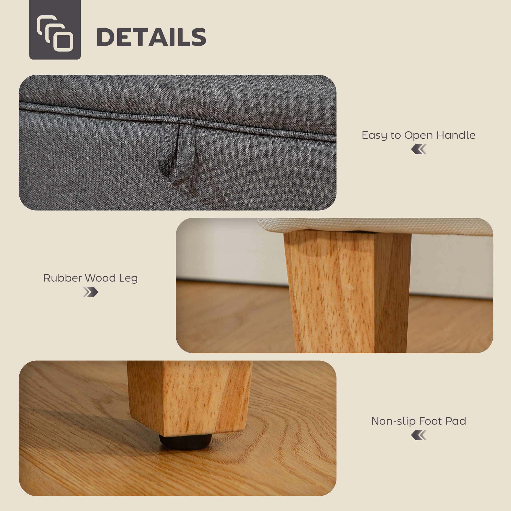 HOMCOM 16L Linen Storage Ottoman Padded Footstool with Rubberwood Legs for Storage Box, Bed End, Shoe Bench, Seating, Charcoal Grey 